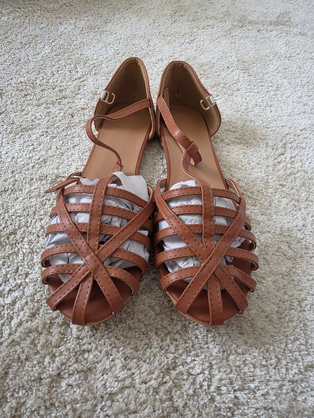 Brown woven closed-toe flat sandals size 44