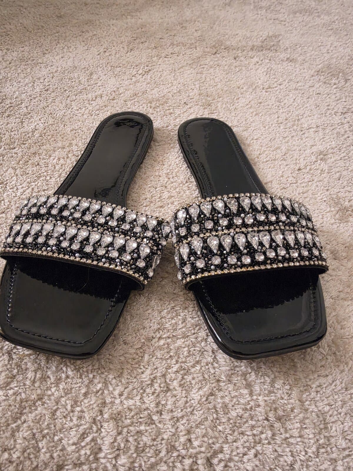 Black crystal embellished slides size 44
